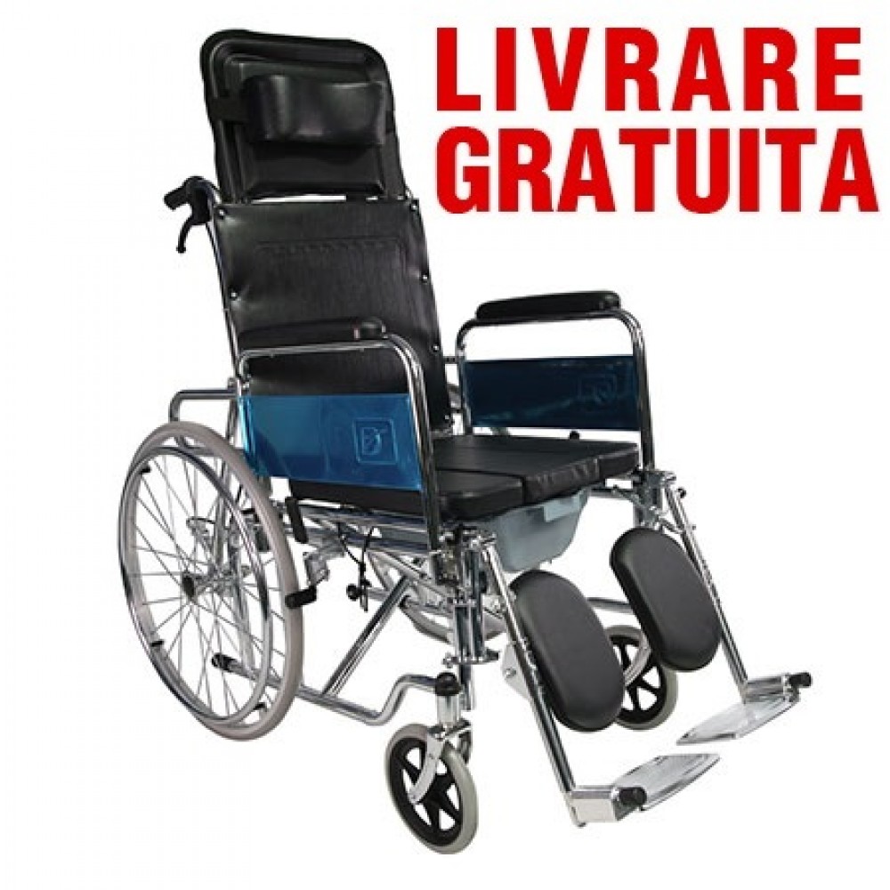 Scaun cu rotile cu spatar reglabil si vas WC inclus FC 41